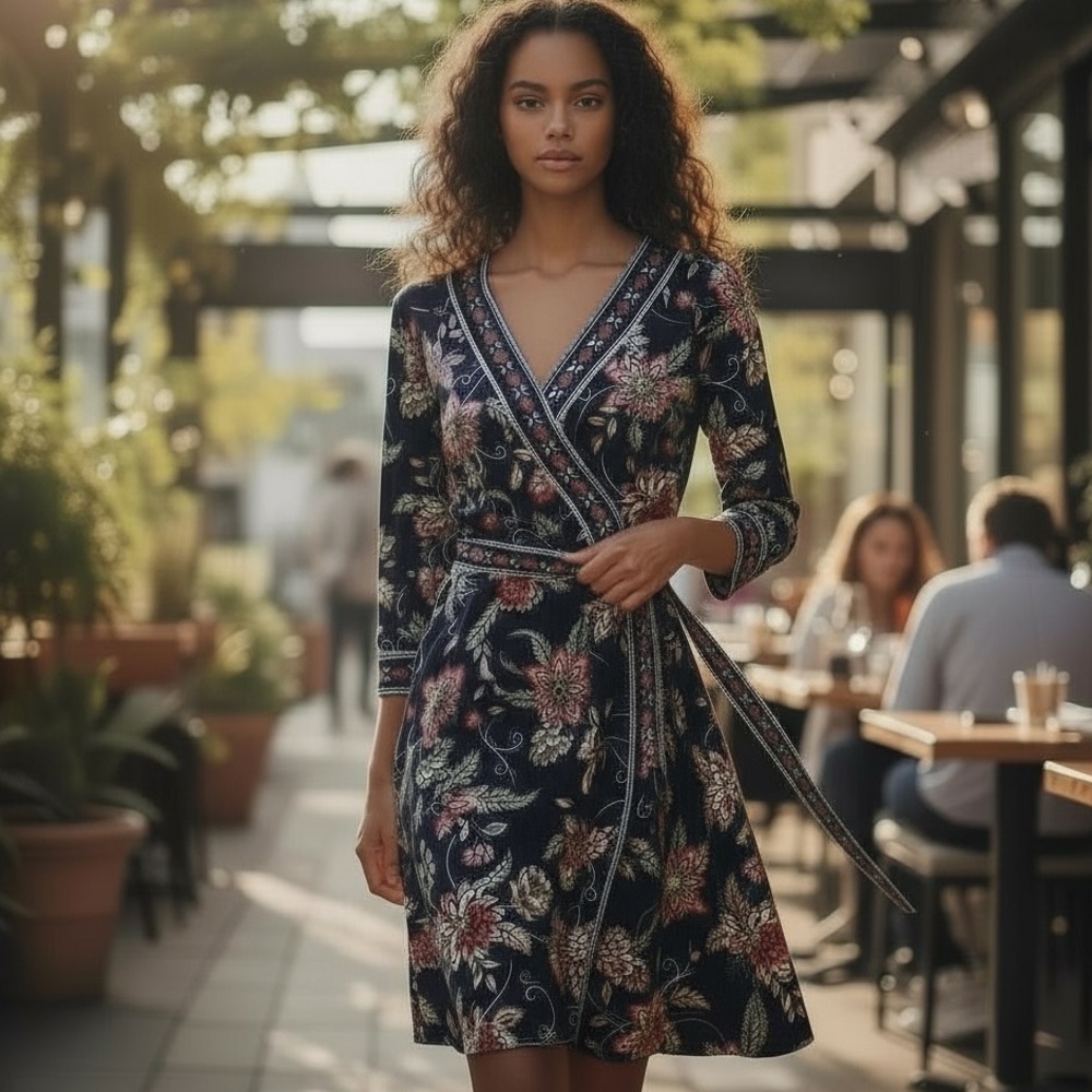 R&K LONG SLEEVE FLORAL PRINT SURPLICE BELTED DRESS BLUE SIZE 10 NEW WITH TAGS